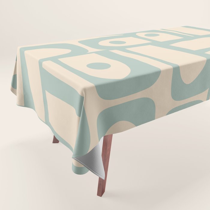 Mid Century Modern Piquet Multi Geometric Pattern Light Celadon Blue and Cream Tablecloth Gallery Image 1
