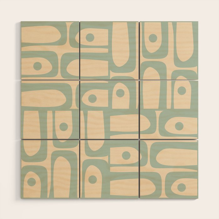 Mid Century Modern Piquet Multi Geometric Pattern Light Celadon Blue and Cream Wood Wall Art Gallery Image 1
