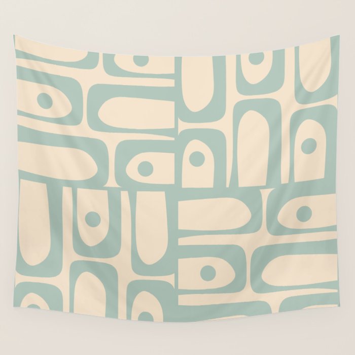 Mid Century Modern Piquet Multi Geometric Pattern Light Celadon Blue and Cream Wall Tapestry Gallery Image 1