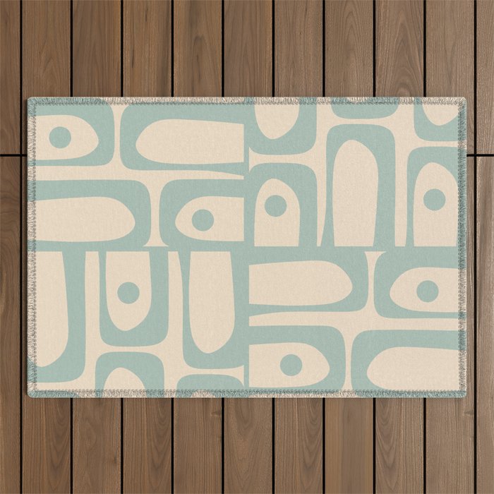 Mid Century Modern Piquet Multi Geometric Pattern Light Celadon Blue and Cream Outdoor Rug Gallery Image 1