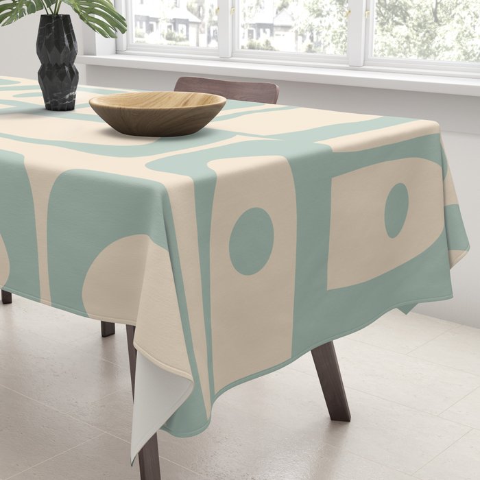 Mid Century Modern Piquet Multi Geometric Pattern Light Celadon Blue and Cream Tablecloth Gallery Image 3