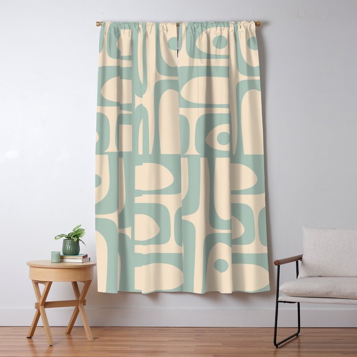 Mid Century Modern Piquet Multi Geometric Pattern Light Celadon Blue and Cream Window Curtain Gallery Image 5