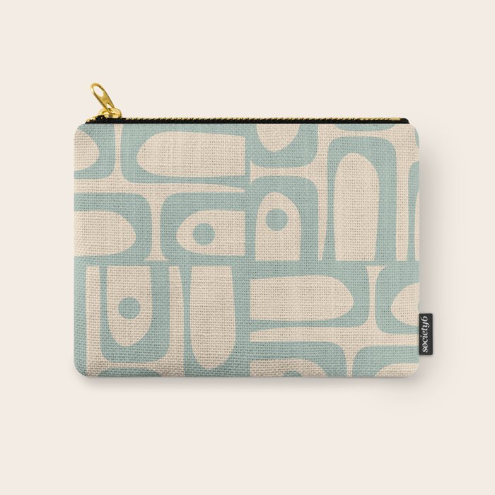 Mid Century Modern Piquet Multi Geometric Pattern Light Celadon Blue and Cream Carry All Pouch Gallery Image 1