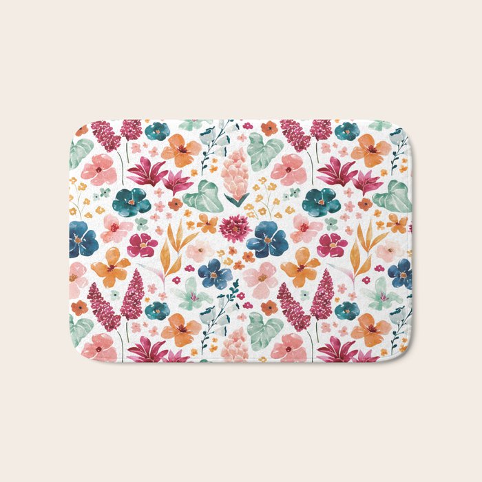 Colorful Tropical Jungle Watercolor Botanical Floral Bath Mat Gallery Image 1