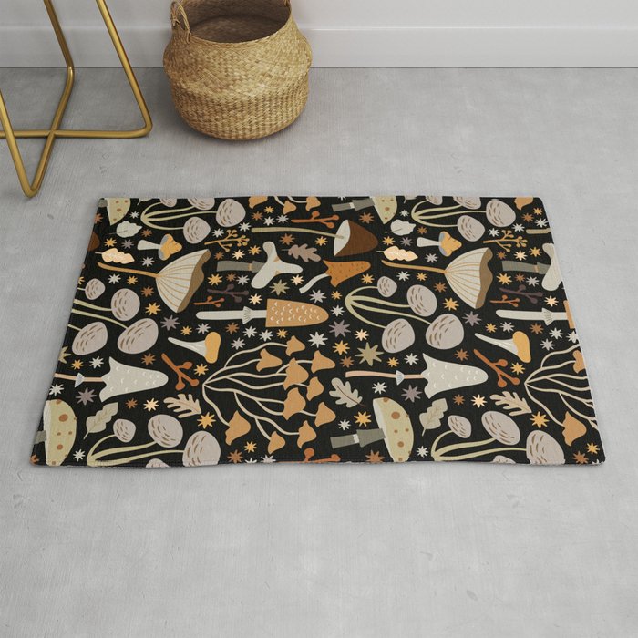 Forest Floor, Mushroom Art on Black Rug Gallery Image 1