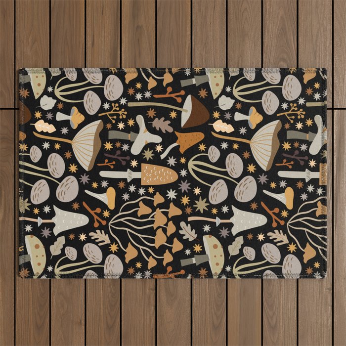 Forest Floor, Mushroom Art on Black Outdoor Rug Gallery Image 1
