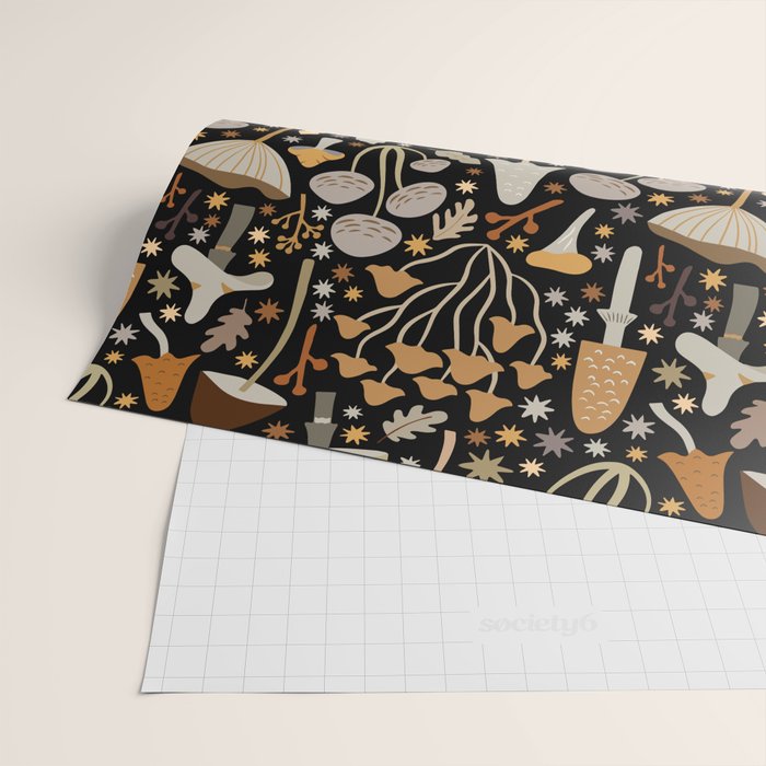 Forest Floor, Mushroom Art on Black Wrapping Paper Gallery Image 2
