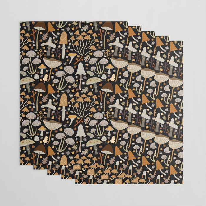 Forest Floor, Mushroom Art on Black Wrapping Paper Gallery Image 3