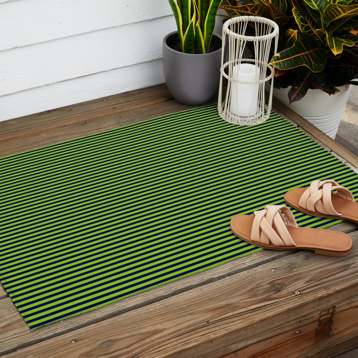 Ultra Fine Stripe Narrow Vertical Pinstripe Pattern in Lime Green and Navy Blue Outdoor Rug Gallery Image 2