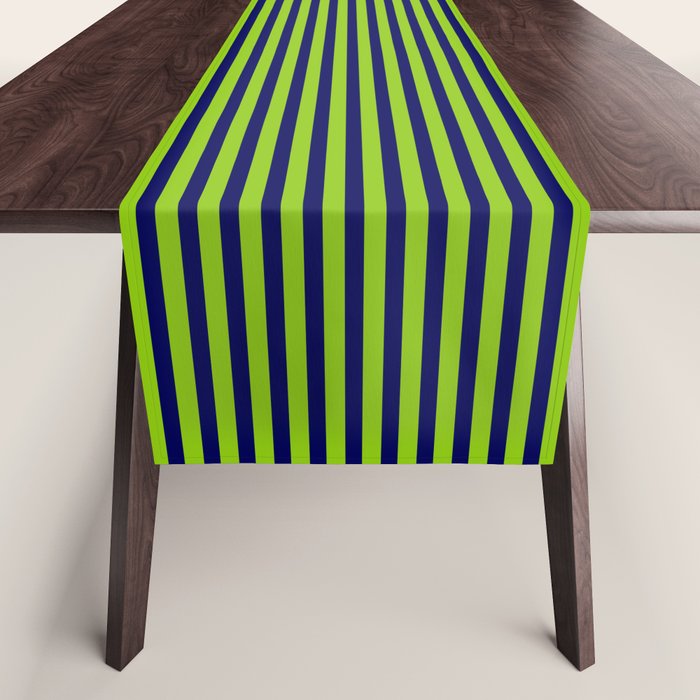 Ultra Fine Stripe Narrow Vertical Pinstripe Pattern in Lime Green and Navy Blue Table Runner Gallery Image 1