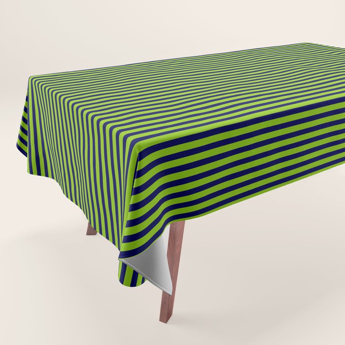 Ultra Fine Stripe Narrow Vertical Pinstripe Pattern in Lime Green and Navy Blue Tablecloth Gallery Image 1