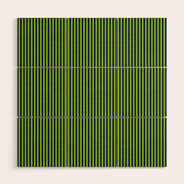 Ultra Fine Stripe Narrow Vertical Pinstripe Pattern in Lime Green and Navy Blue Wood Wall Art Gallery Image 1
