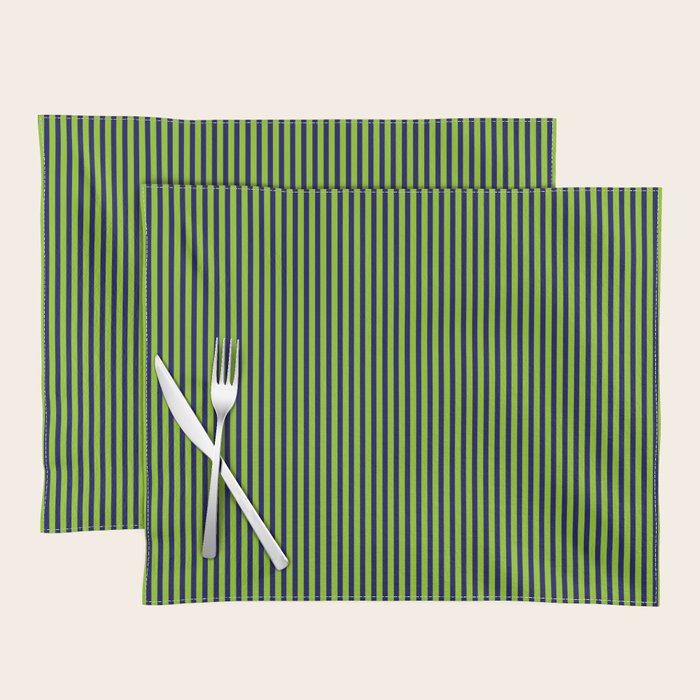 Ultra Fine Stripe Narrow Vertical Pinstripe Pattern in Lime Green and Navy Blue Placemat Gallery Image 1