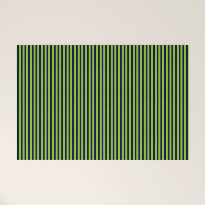 Ultra Fine Stripe Narrow Vertical Pinstripe Pattern in Lime Green and Navy Blue Welcome Mat Gallery Image 1