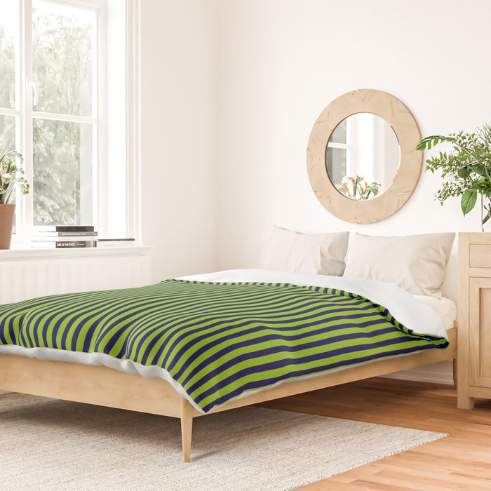 Ultra Fine Stripe Narrow Vertical Pinstripe Pattern in Lime Green and Navy Blue Duvet Cover Gallery Image 2