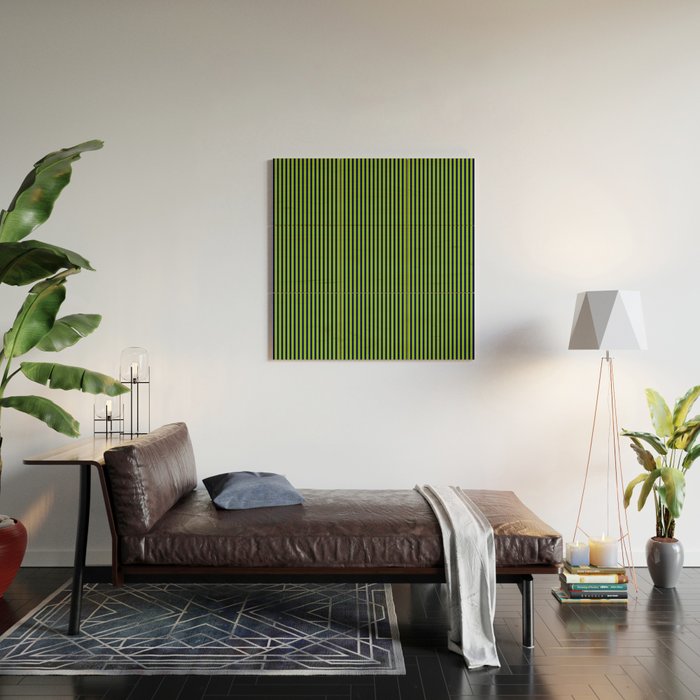 Ultra Fine Stripe Narrow Vertical Pinstripe Pattern in Lime Green and Navy Blue Wood Wall Art Gallery Image 2
