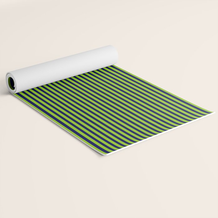 Ultra Fine Stripe Narrow Vertical Pinstripe Pattern in Lime Green and Navy Blue Yoga Mat Gallery Image 2