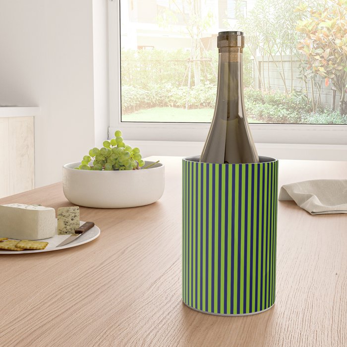 Ultra Fine Stripe Narrow Vertical Pinstripe Pattern in Lime Green and Navy Blue Wine Chiller Gallery Image 4