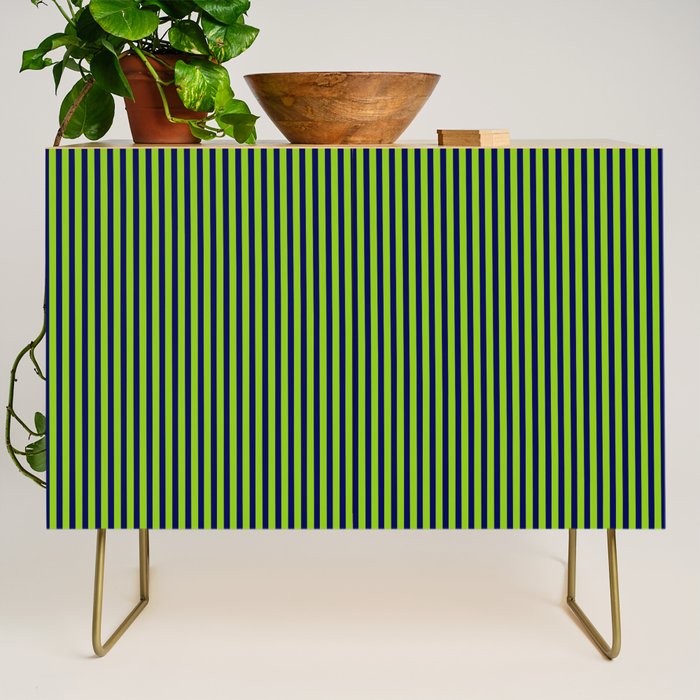 Ultra Fine Stripe Narrow Vertical Pinstripe Pattern in Lime Green and Navy Blue Credenza Gallery Image 1