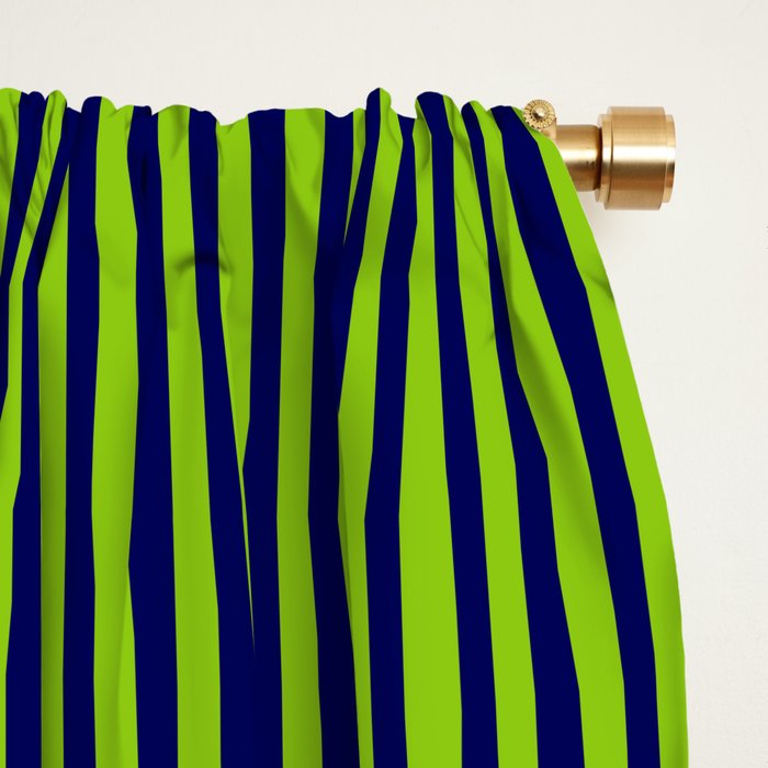 Ultra Fine Stripe Narrow Vertical Pinstripe Pattern in Lime Green and Navy Blue Window Curtain Gallery Image 2