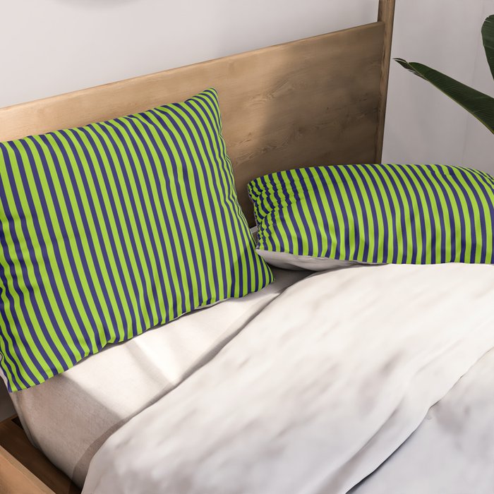 Ultra Fine Stripe Narrow Vertical Pinstripe Pattern in Lime Green and Navy Blue Pillow Sham Gallery Image 2