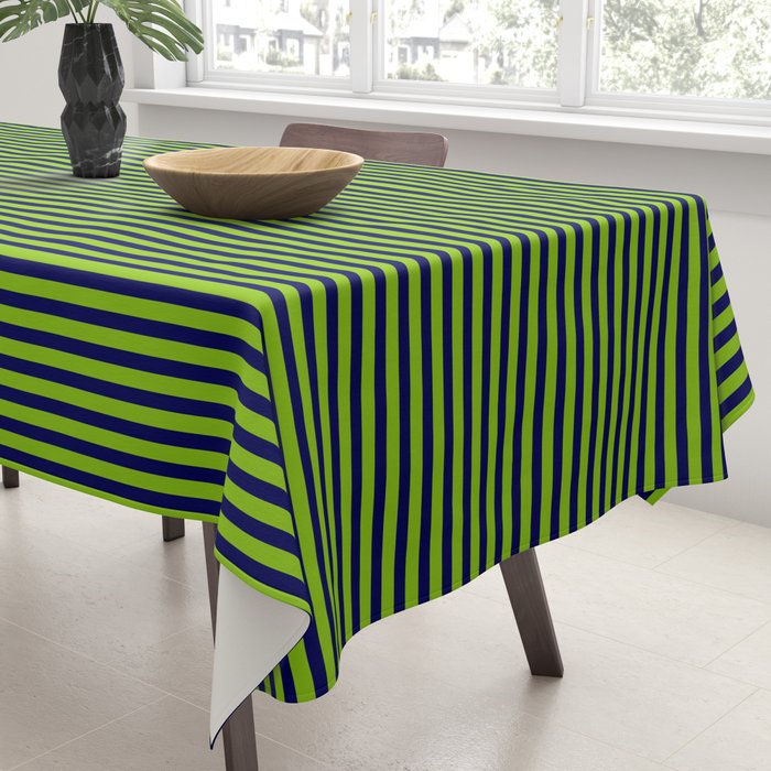 Ultra Fine Stripe Narrow Vertical Pinstripe Pattern in Lime Green and Navy Blue Tablecloth Gallery Image 3