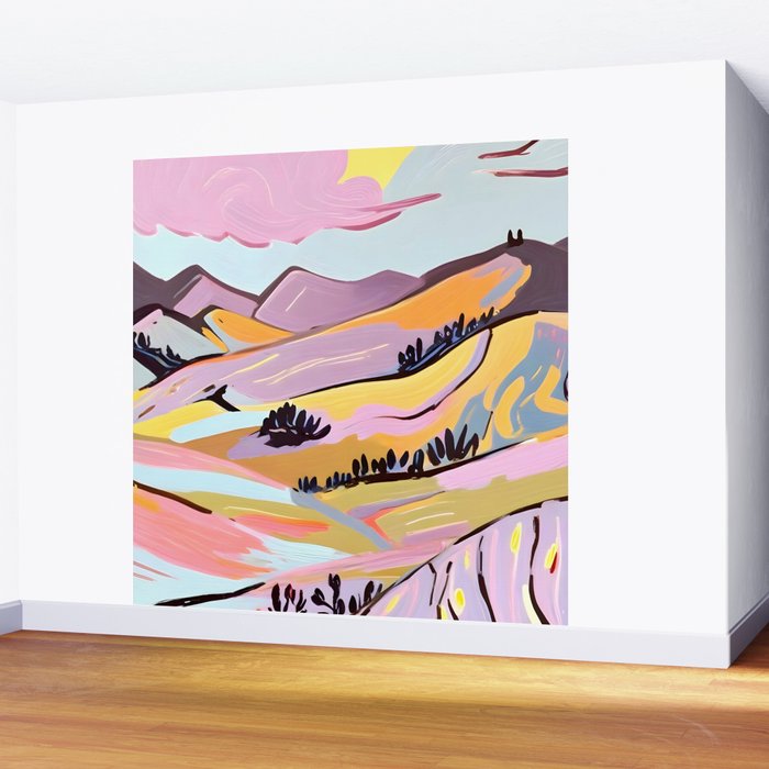 Delicious Landscape, Nature Mountains Valley Purple, Violet Lavender Adventure Outdoors Painting, Bohemian Eclectic Romantic Hills Wall Mural Gallery Image 2