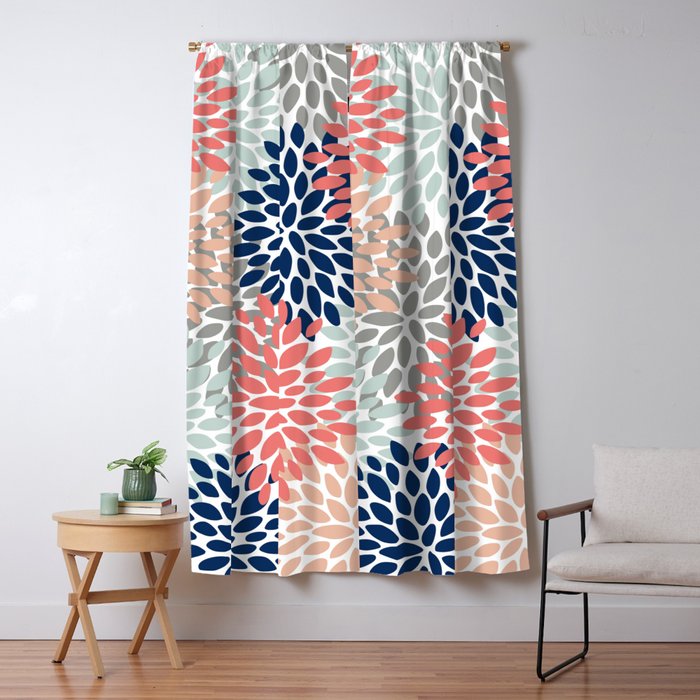 Floral Bloom Print, Living Coral, Pale Aqua Blue, Gray, Navy Window Curtain Gallery Image 1