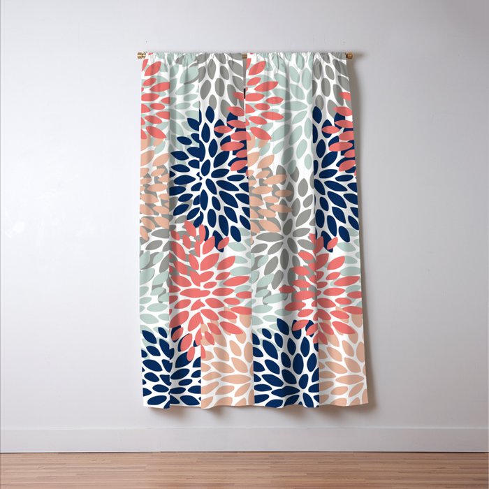 Floral Bloom Print, Living Coral, Pale Aqua Blue, Gray, Navy Window Curtain Gallery Image 3