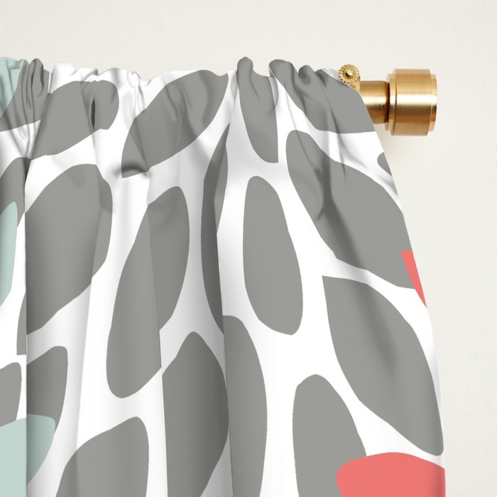 Floral Bloom Print, Living Coral, Pale Aqua Blue, Gray, Navy Window Curtain Gallery Image 2