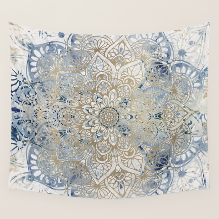 Yoga, Mandala, Blue and Gold Wall Tapestry Gallery Image 1