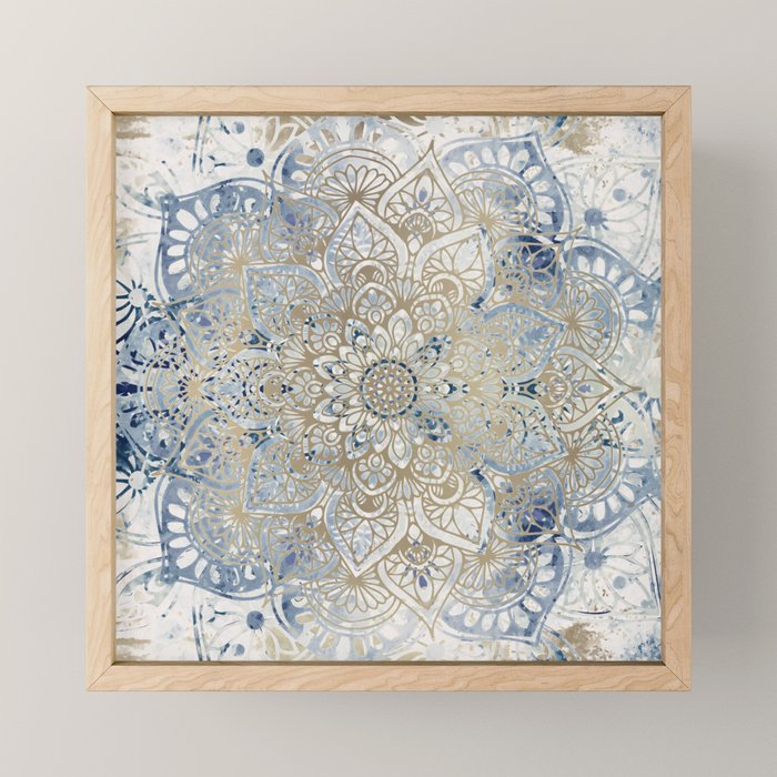 Yoga, Mandala, Blue and Gold Mini Art Print Gallery Image 1