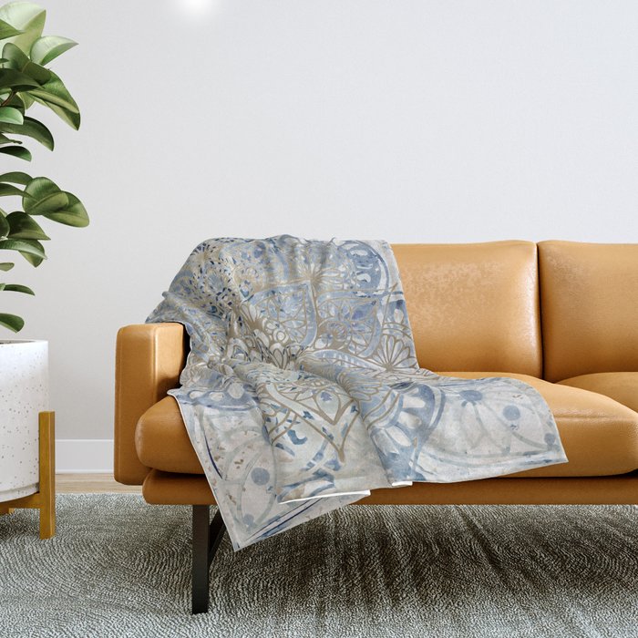 Yoga, Mandala, Blue and Gold Throw Blanket Gallery Image 1