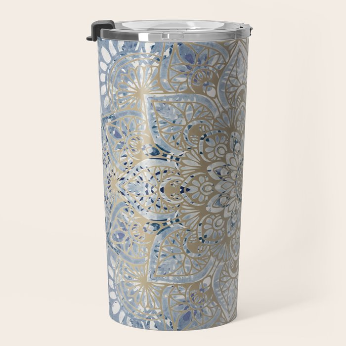 Yoga, Mandala, Blue and Gold Travel Mug Gallery Image 3