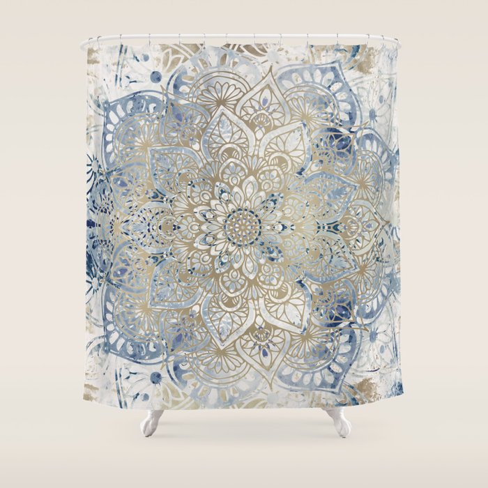 Yoga, Mandala, Blue and Gold Shower Curtain Gallery Image 1
