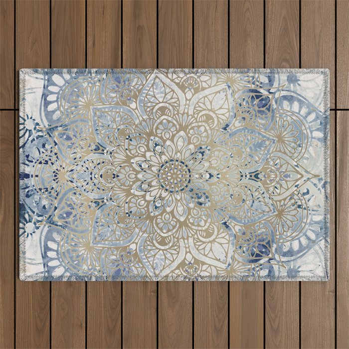 Yoga, Mandala, Blue and Gold Outdoor Rug Gallery Image 1