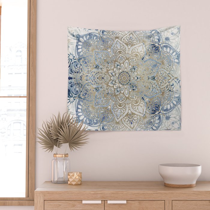 Yoga, Mandala, Blue and Gold Wall Tapestry Gallery Image 2