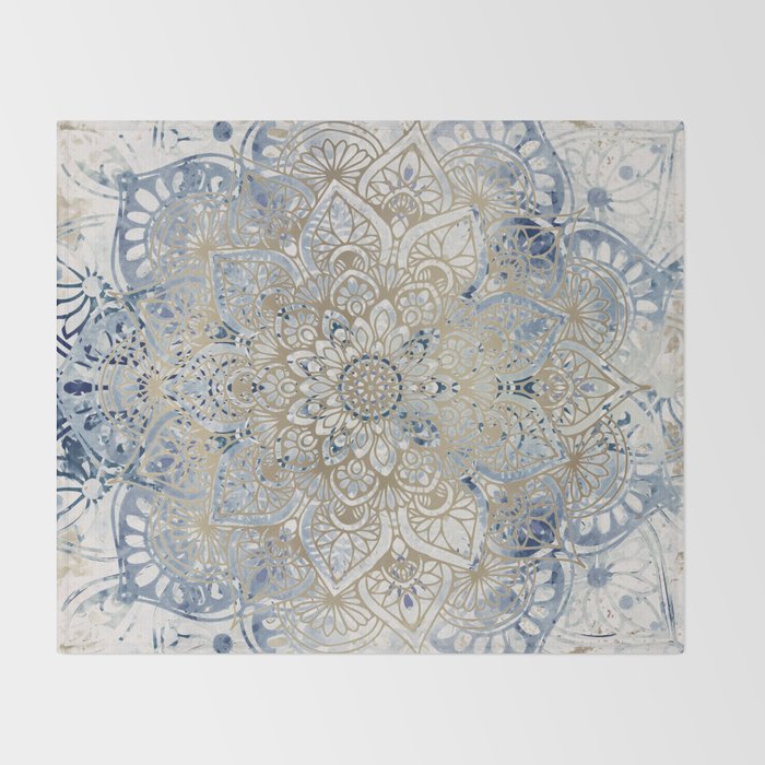Yoga, Mandala, Blue and Gold Throw Blanket Gallery Image 2