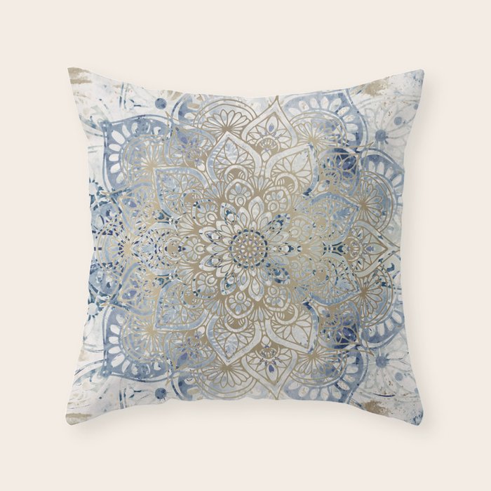 Yoga, Mandala, Blue and Gold Throw Pillow Gallery Image 1
