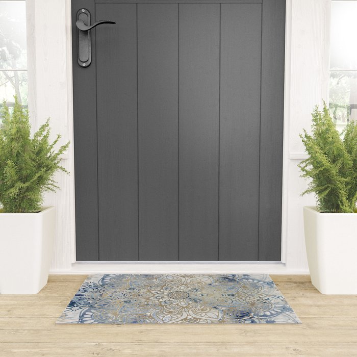 Yoga, Mandala, Blue and Gold Welcome Mat Gallery Image 3