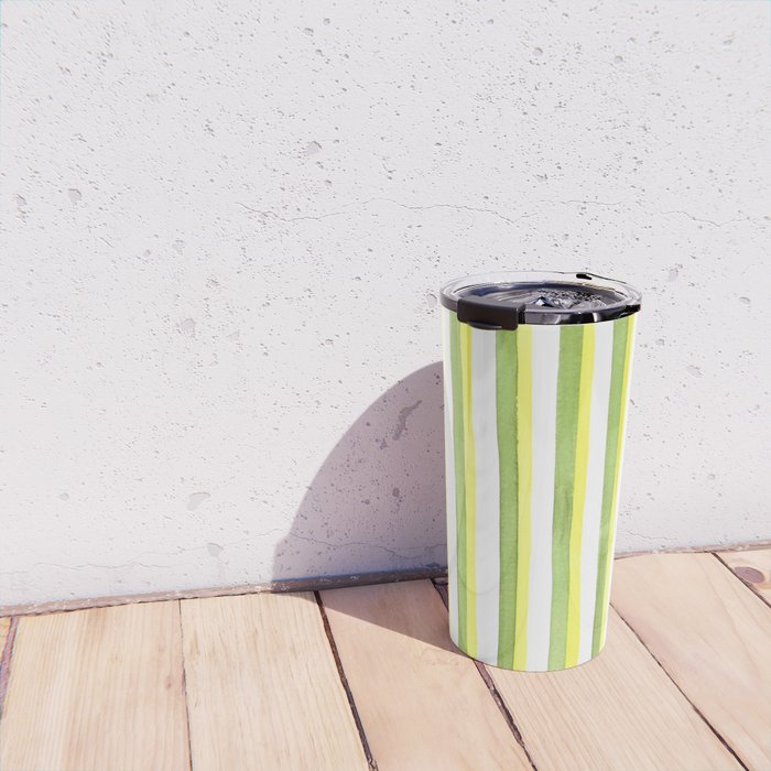 Green and Yellow Soft Watercolor Vertical Lines Travel Mug Gallery Image 4