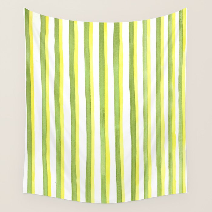 Green and Yellow Soft Watercolor Vertical Lines Wall Tapestry Gallery Image 1