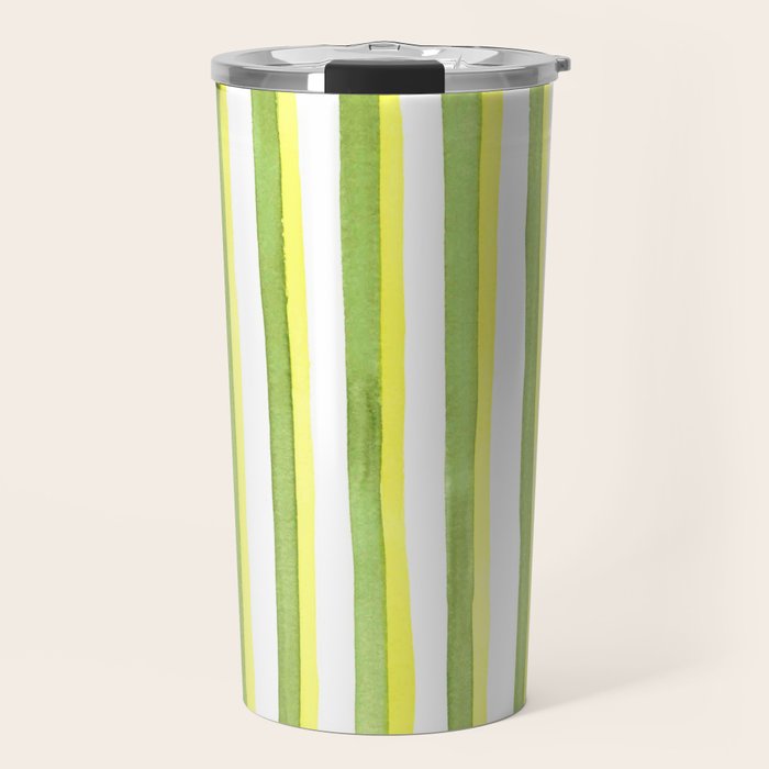 Green and Yellow Soft Watercolor Vertical Lines Travel Mug Gallery Image 1