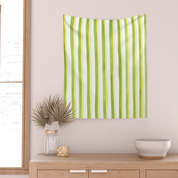 Green and Yellow Soft Watercolor Vertical Lines Wall Tapestry Gallery Image 2