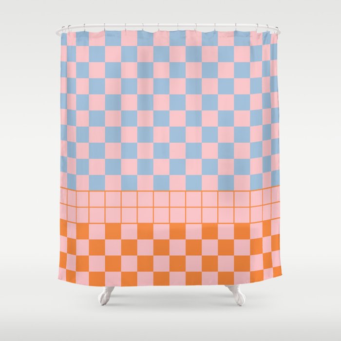 Checkered Triplet Mixed Check Pattern in Pastel Pink and Light Orange Shower Curtain Gallery Image 1