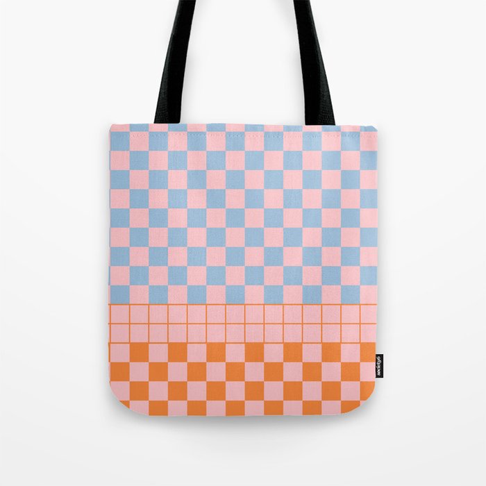 Checkered Triplet Mixed Check Pattern in Pastel Pink and Light Orange Tote Bag Gallery Image 1