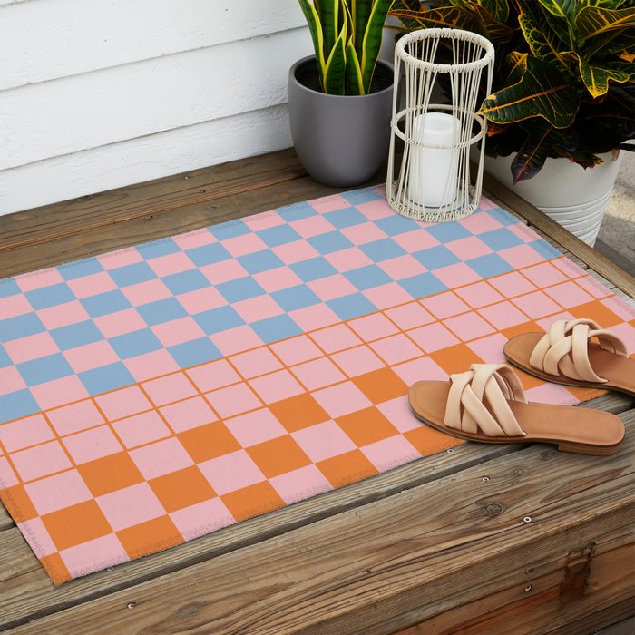 Checkered Triplet Mixed Check Pattern in Pastel Pink and Light Orange Outdoor Rug Gallery Image 2