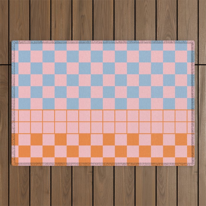 Checkered Triplet Mixed Check Pattern in Pastel Pink and Light Orange Outdoor Rug Gallery Image 1