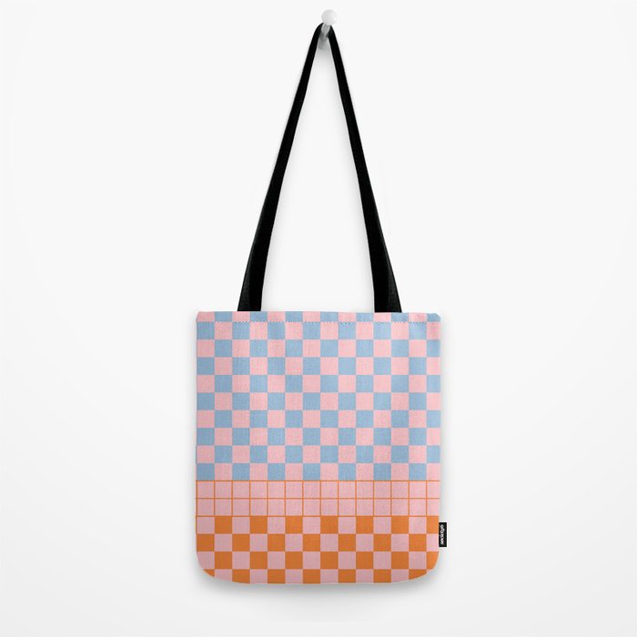 Checkered Triplet Mixed Check Pattern in Pastel Pink and Light Orange Tote Bag Gallery Image 2