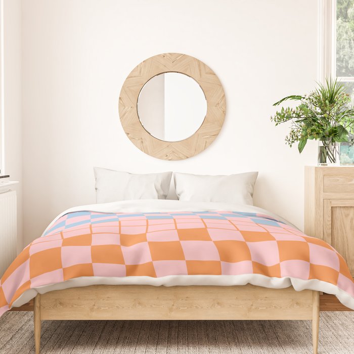 Checkered Triplet Mixed Check Pattern in Pastel Pink and Light Orange Duvet Cover Gallery Image 3
